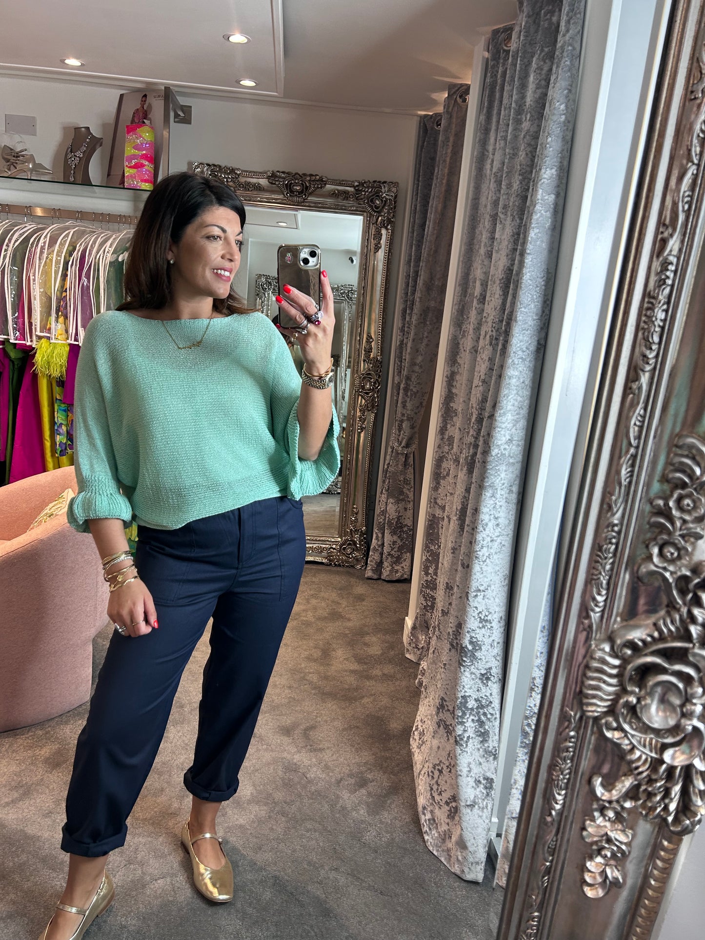 T1 Teal Frill Edge Batwing Knit