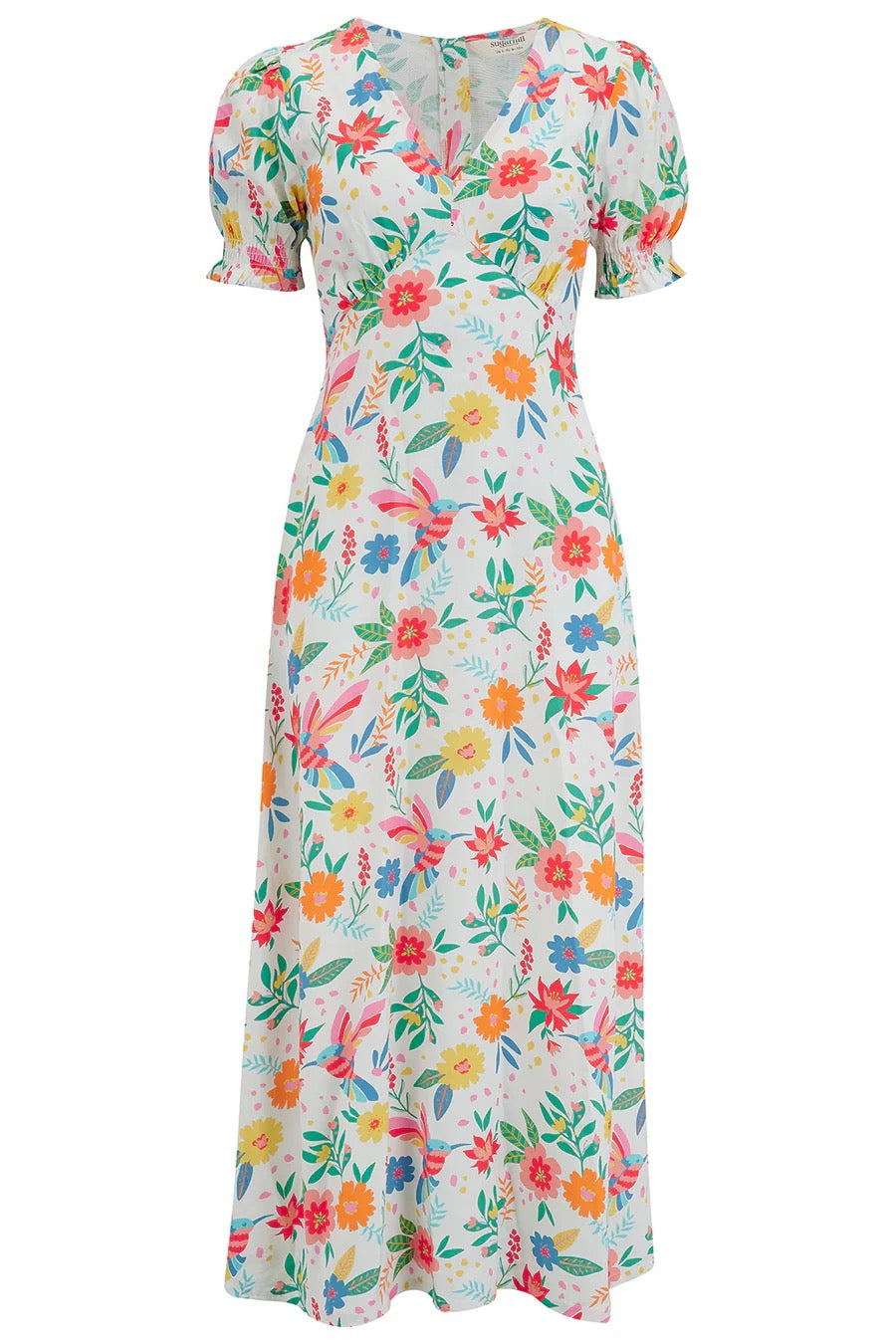 Sugarhill Brighton Maryjane Midi Dress - Off-White, Tropical Hummingbird