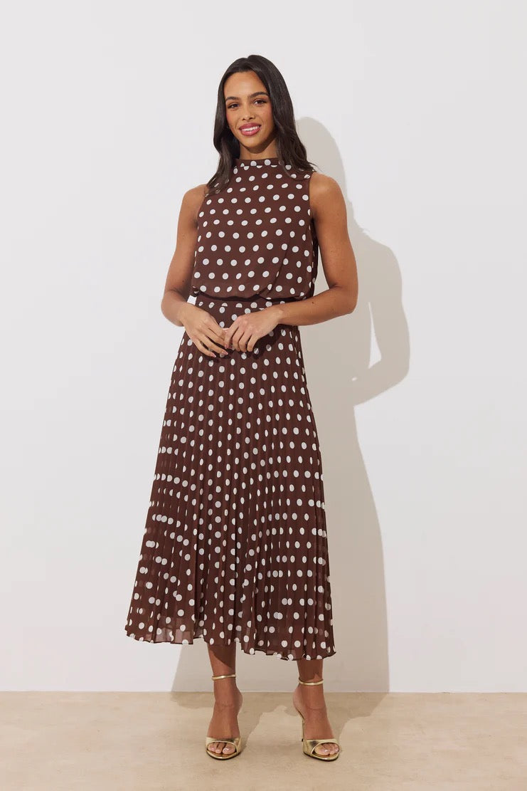 The 8th Sign Milly Polka Pleated Dress - Brown