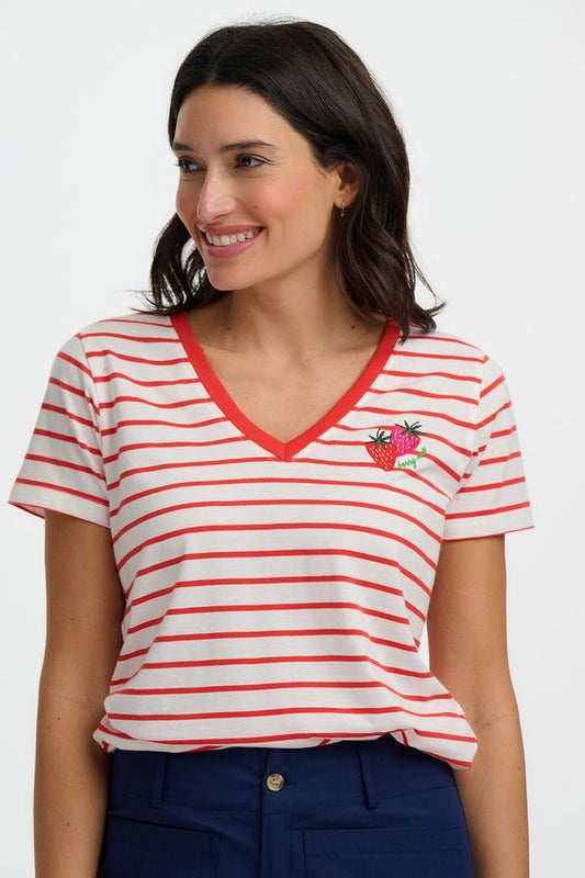 Sugarhill Brighton Khole V-Neck T Shirt - Red/Off White