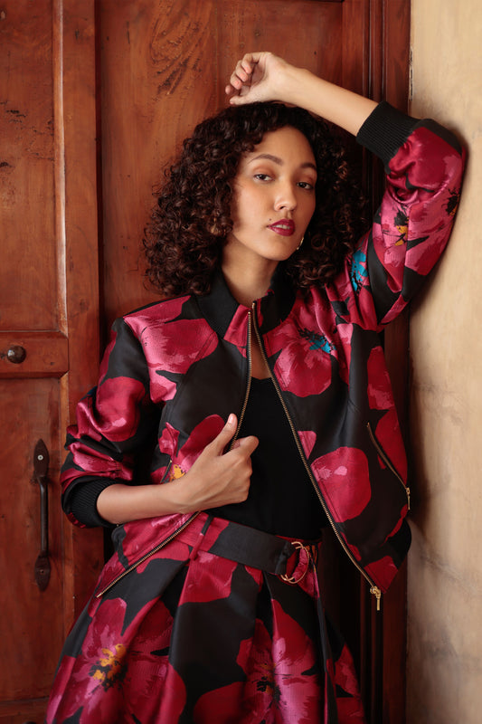 Emily Lovelock Alexa Bomber Jacket - Black/Red Flower