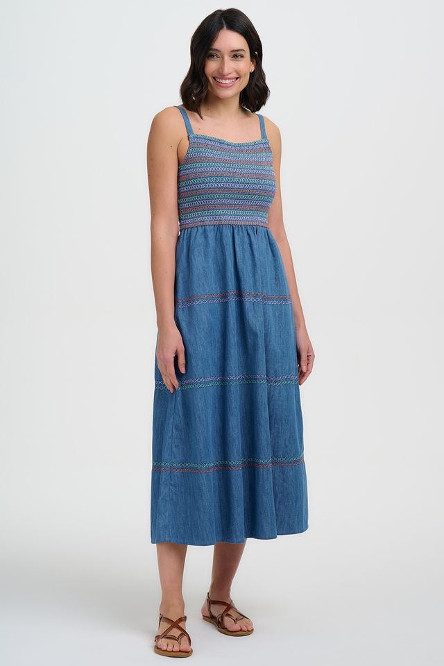 Sugarhill Brighton Murren Shirred Midi Dress - Blue Denim