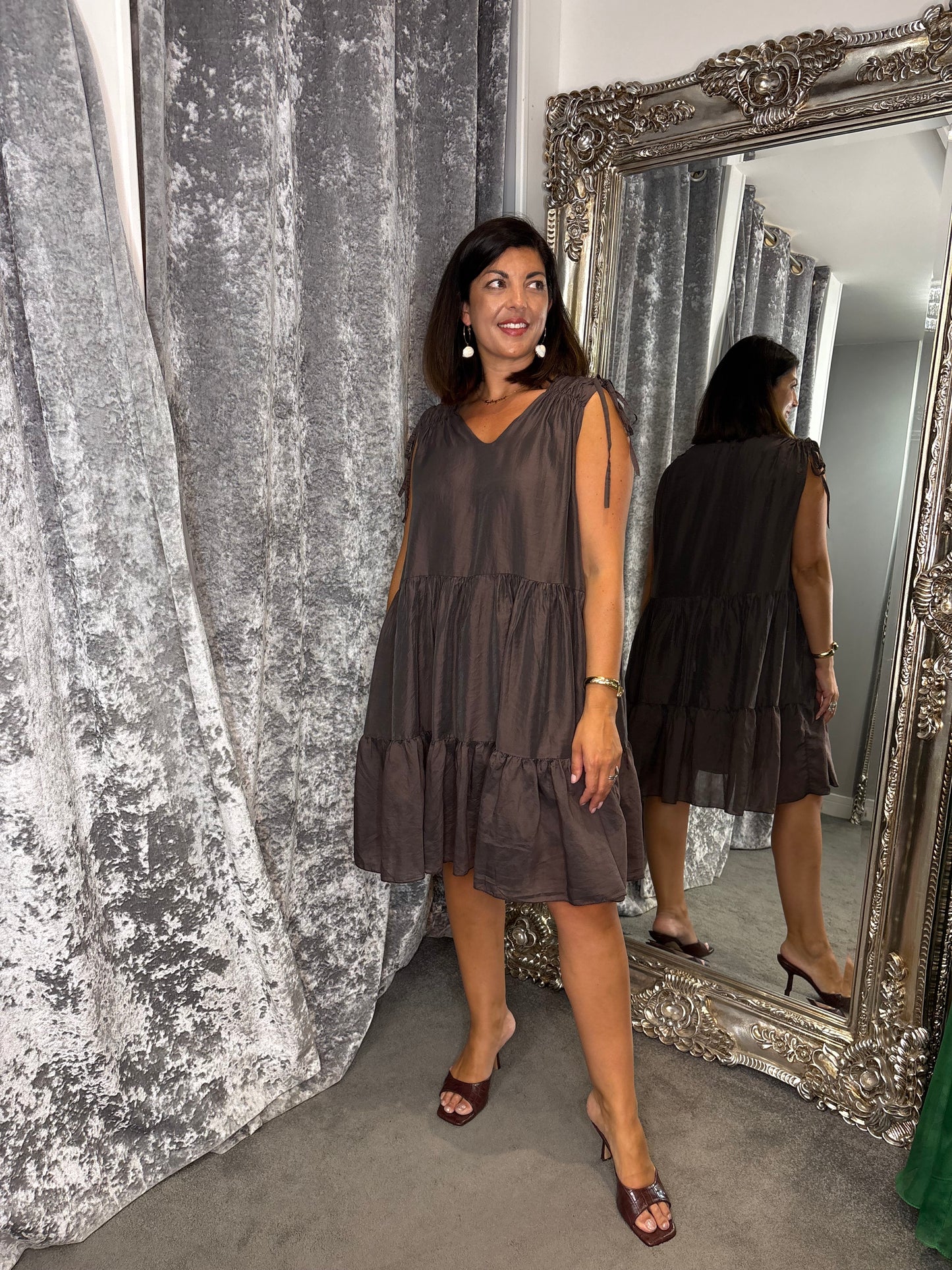 Studio Tiered Satin Dress - Chocolate