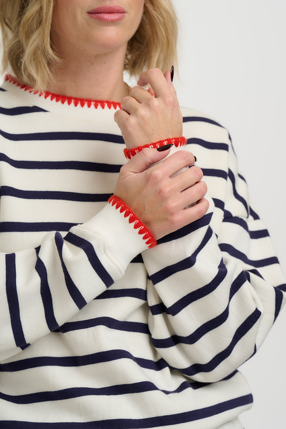 Sugarhill Brighton Noah Sweatshirt - Off White/Navy, Embroidery Trim