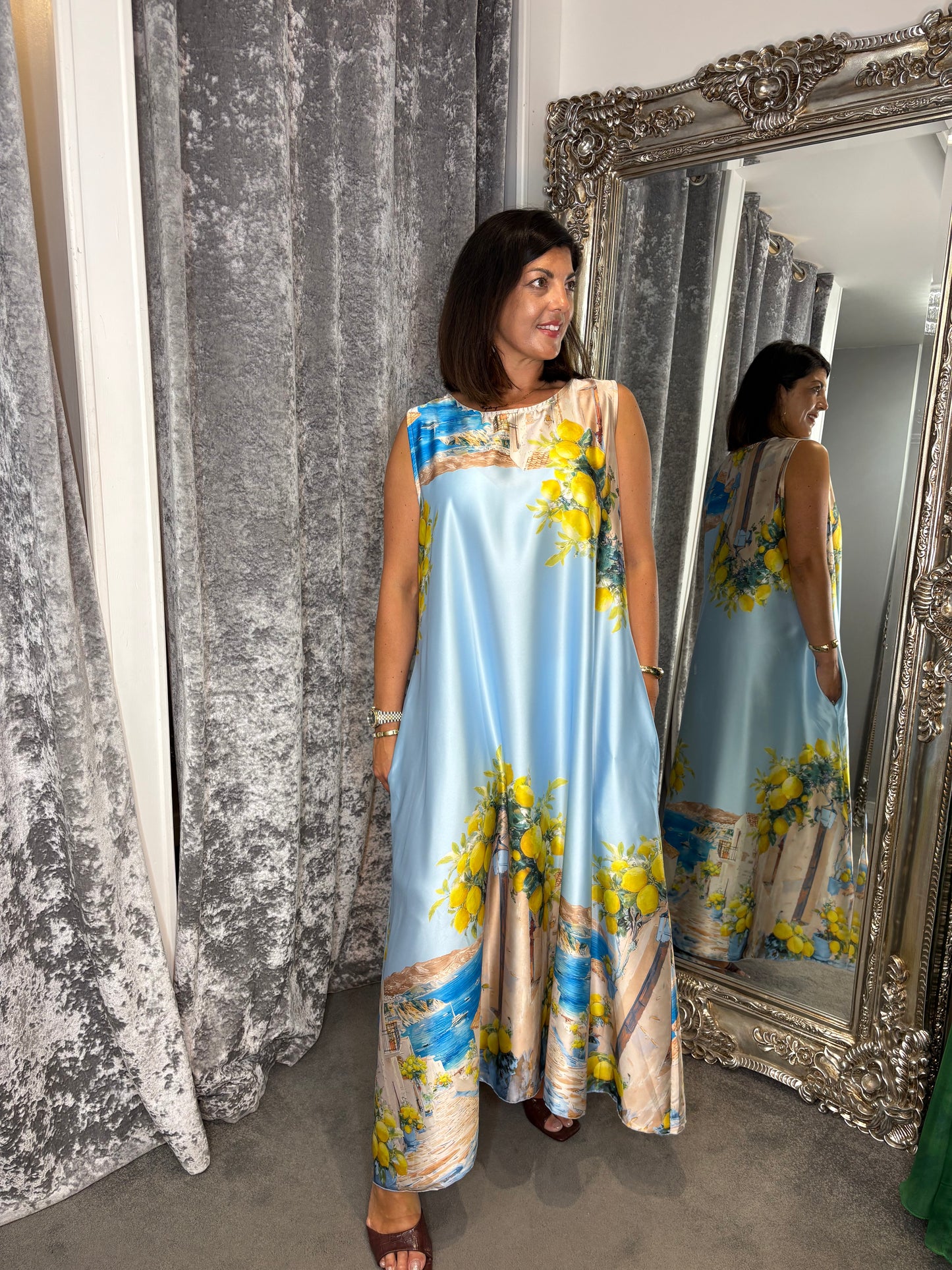 Studio Lemon Satin Maxi Dress - Sky Blue