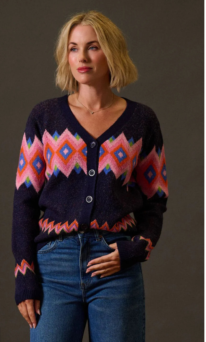 Sugarhill Brighton Izzy Cardigan - Navy, Diamond Fairisle
