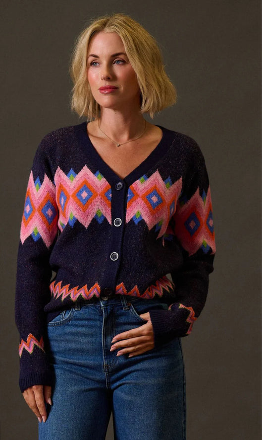 Sugarhill Brighton Izzy Cardigan - Navy, Diamond Fairisle