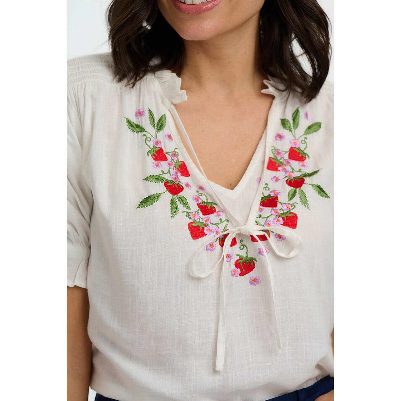 Sugarhill Brighton Angelique Shirred Top Wild Strawberry - Off White