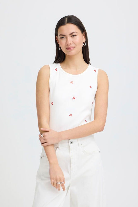 ICHI Palma Embroidered Top - White/Red