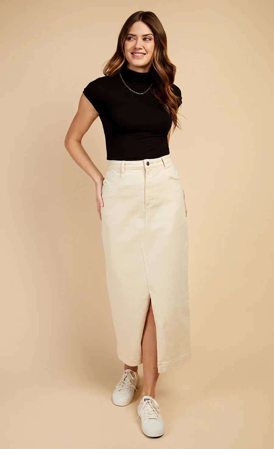 LM Cream Denim Midaxi Skirt by Vogue Williams