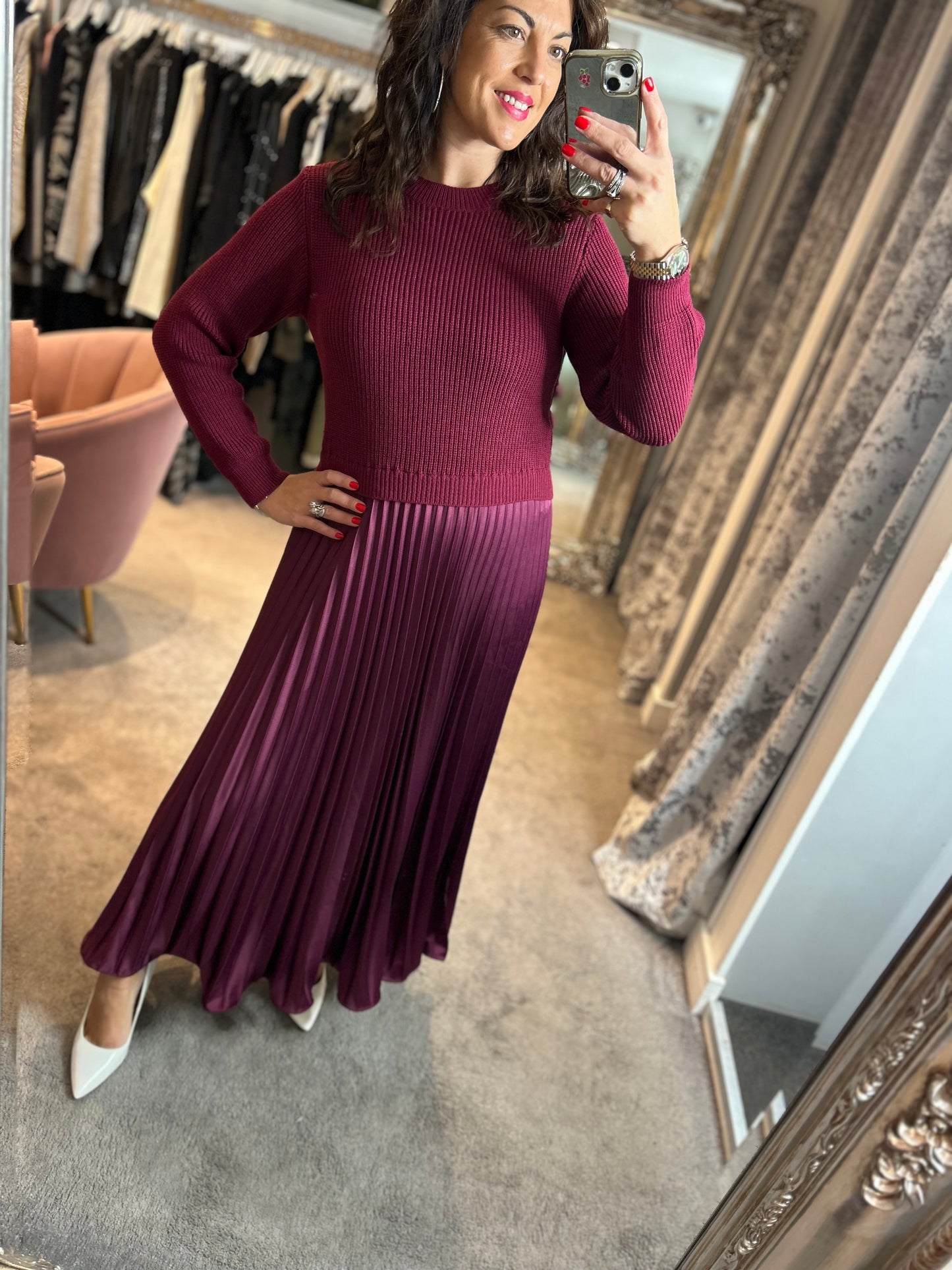 FY Plum Long Sleeve Pleated Jumper Dress