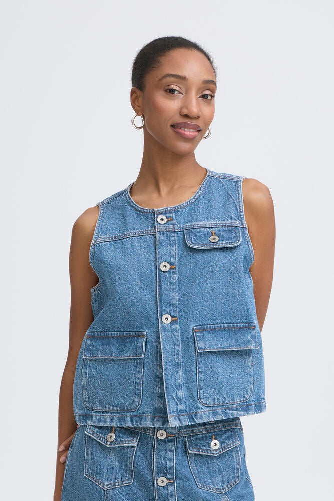 ICHI Pamela Denim Waist Coat - Mid Wash