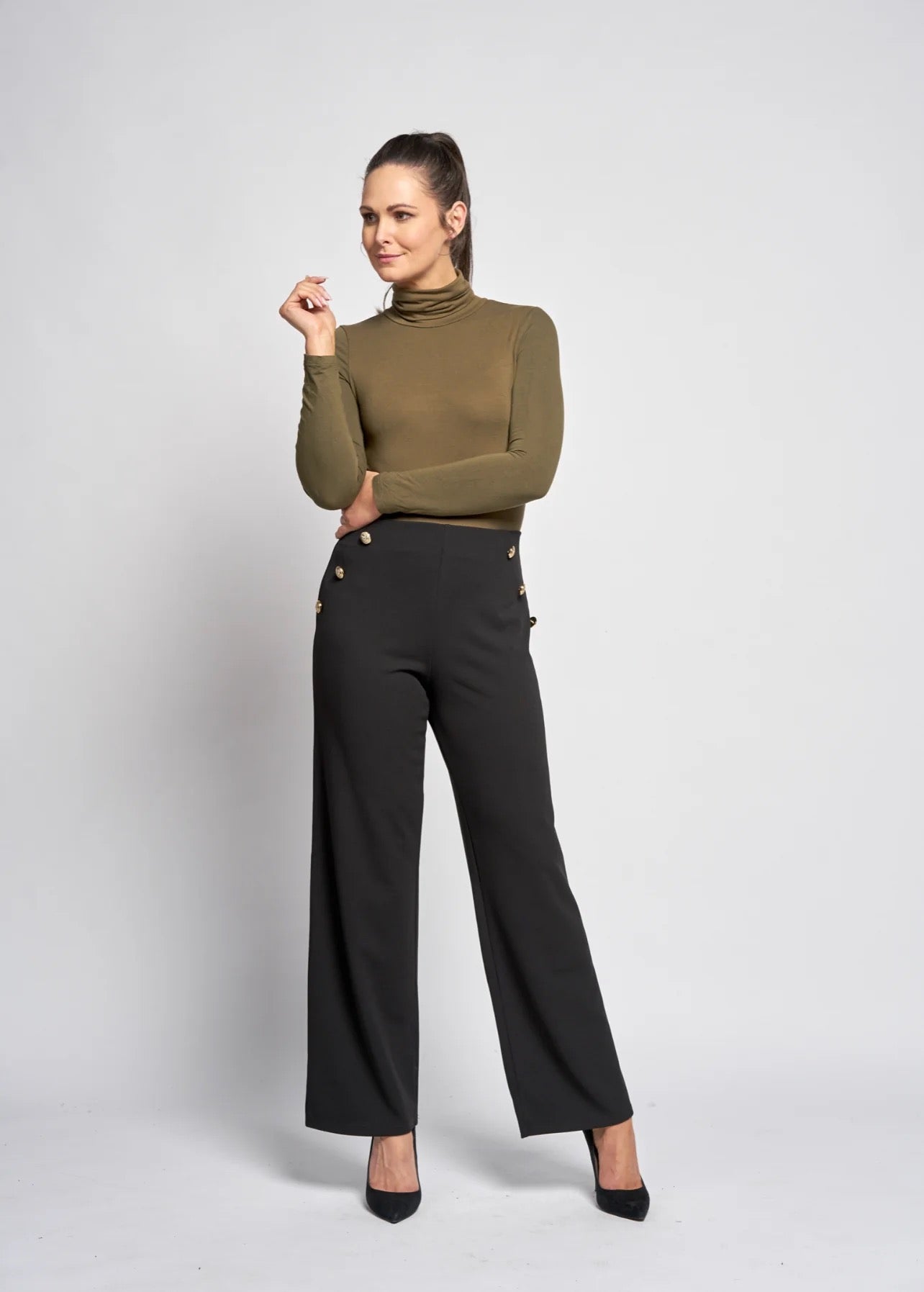 Pinns Wide Leg Button Detail Ponte Trousers - Black