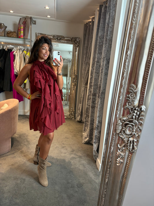 Studio Halter Neck Ruffle Dress - Red Wine