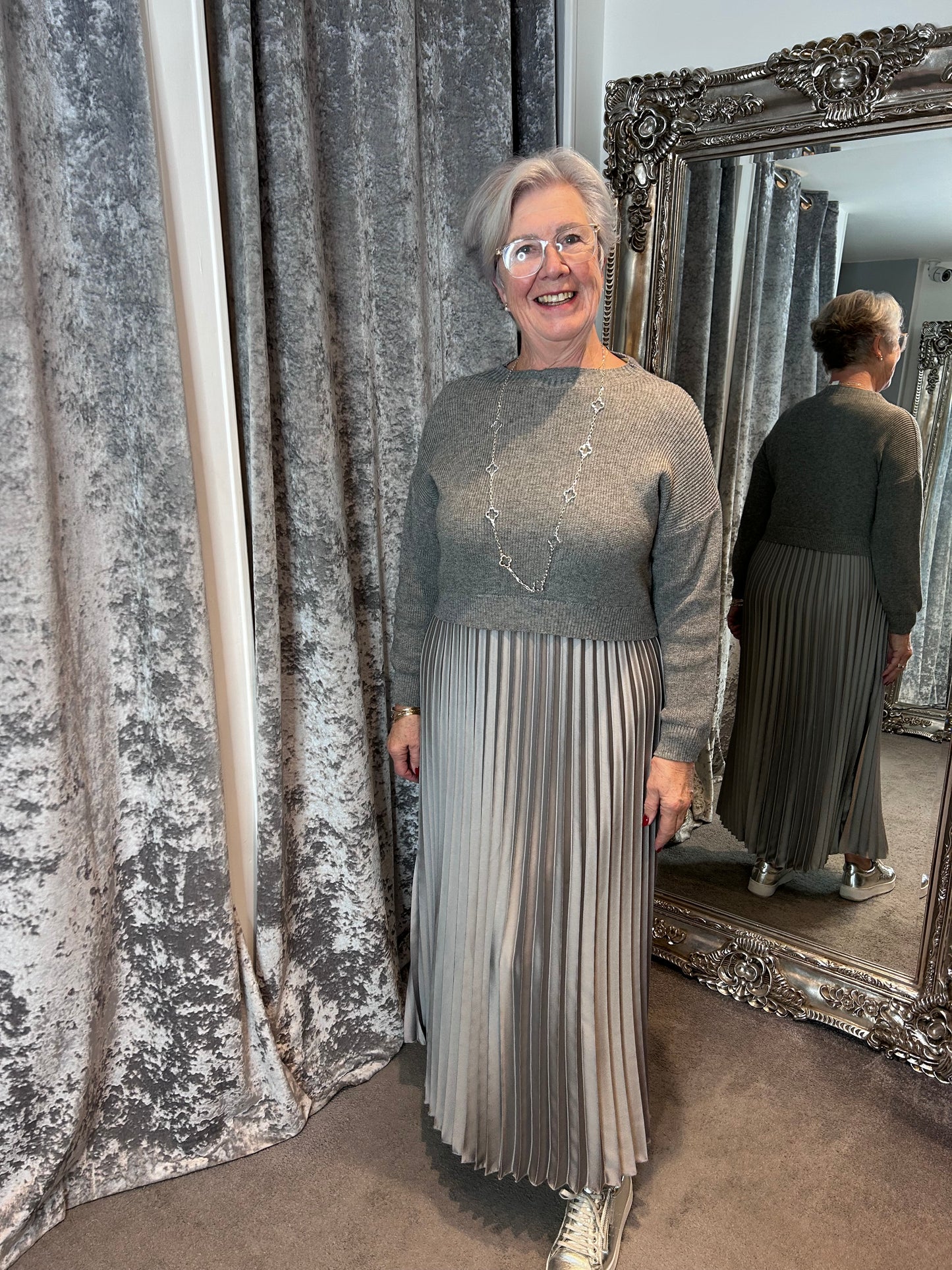 FY Silver Long Sleeve Pleated Jumper Dress