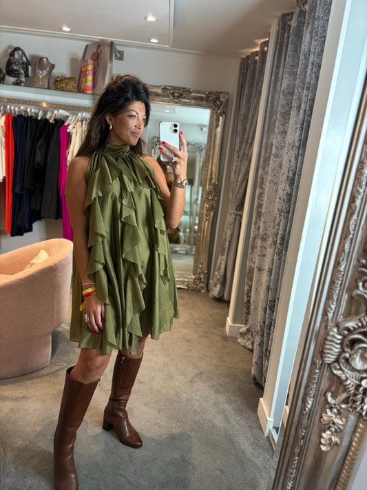 Studio Halter Neck Ruffle Dress - Green