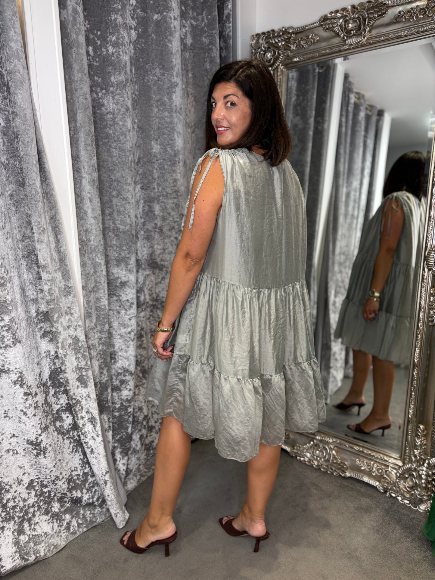 Studio Tiered Satin Dress - Soft Grey