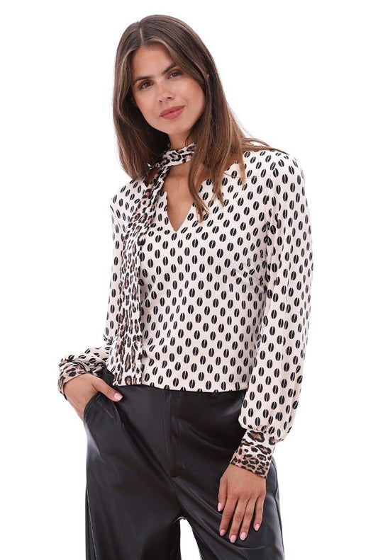 K-Design Bean Print V Neck Blouse with Scarf - Black/White
