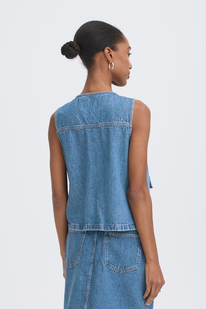 ICHI Pamela Denim Waist Coat - Mid Wash