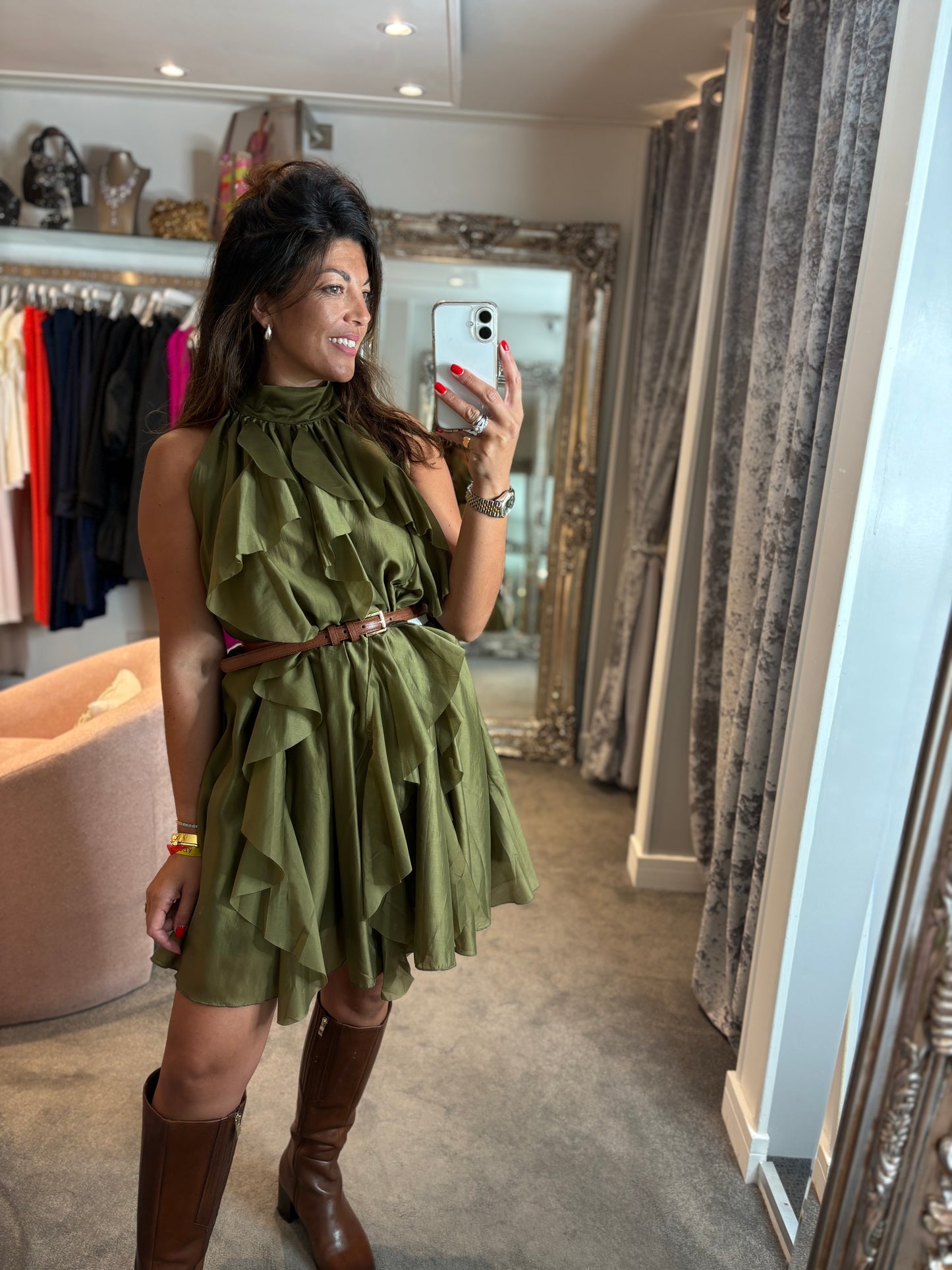 Studio Halter Neck Ruffle Dress - Green