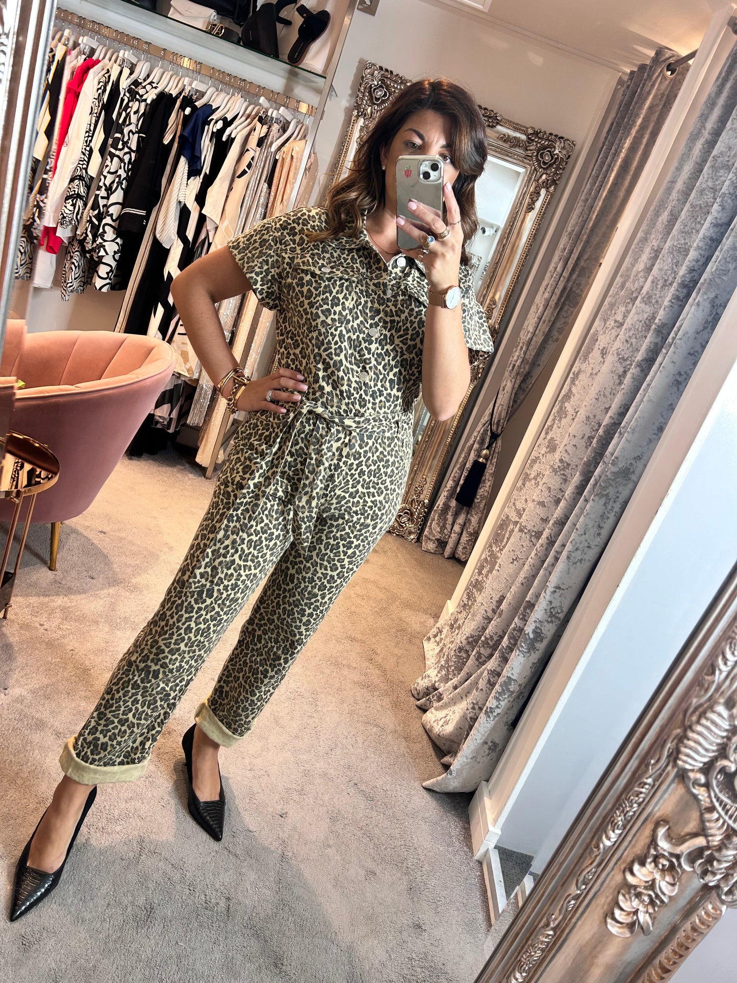 FY Beige Leopard Print Denim Jumpsuit