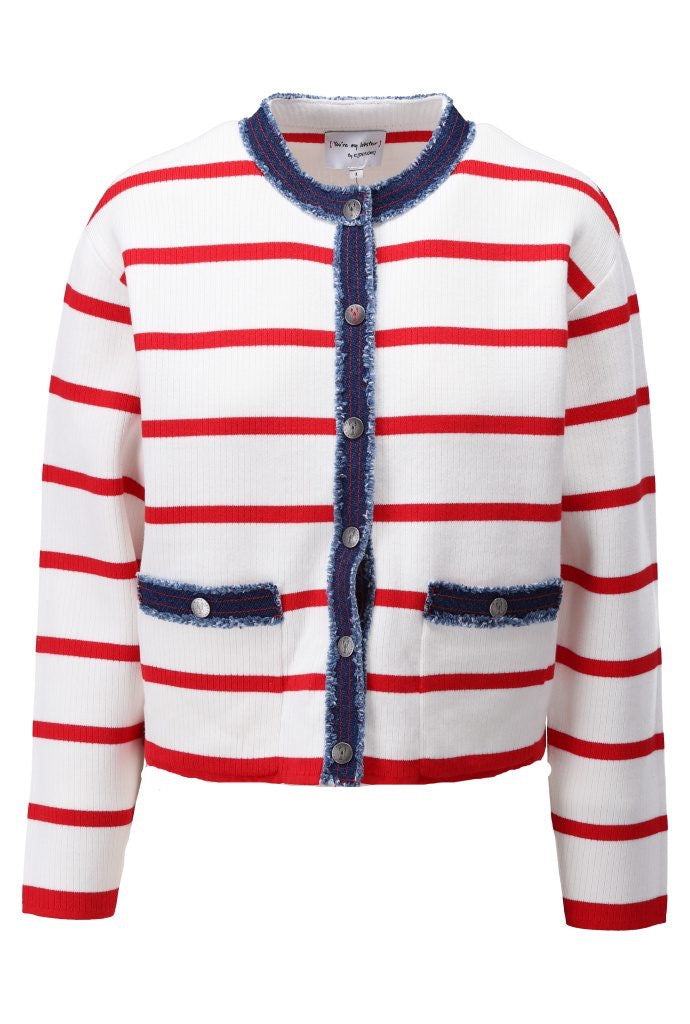 K-Design Striped Denim Edge Cardigan - White/Red