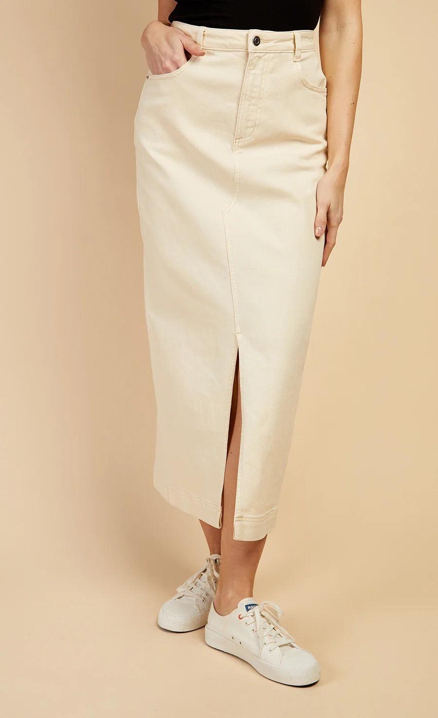 LM Cream Denim Midaxi Skirt by Vogue Williams