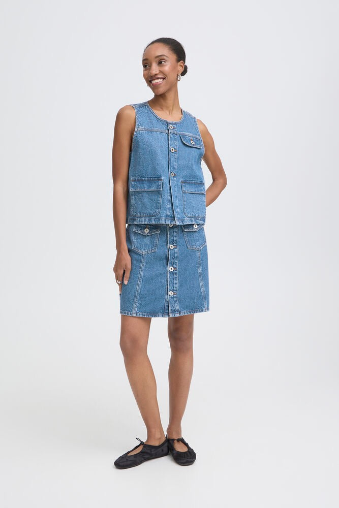 ICHI Pamela Denim Waist Coat - Mid Wash