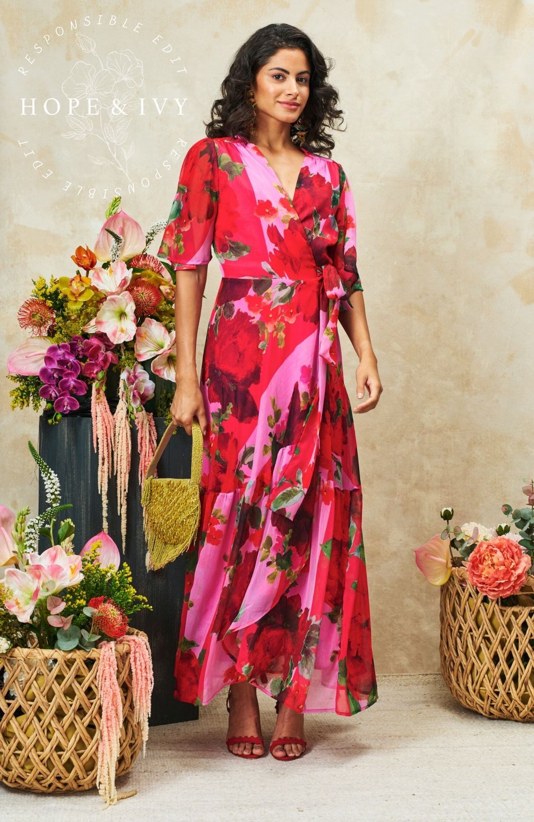 Hope & Ivy The Rosanna Maxi Wrap Dress - Pink/Red