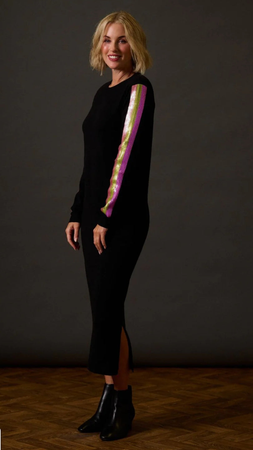 Sugarhill Brighton Sonia Knit Midi Dress - Black, Sequin Stripes