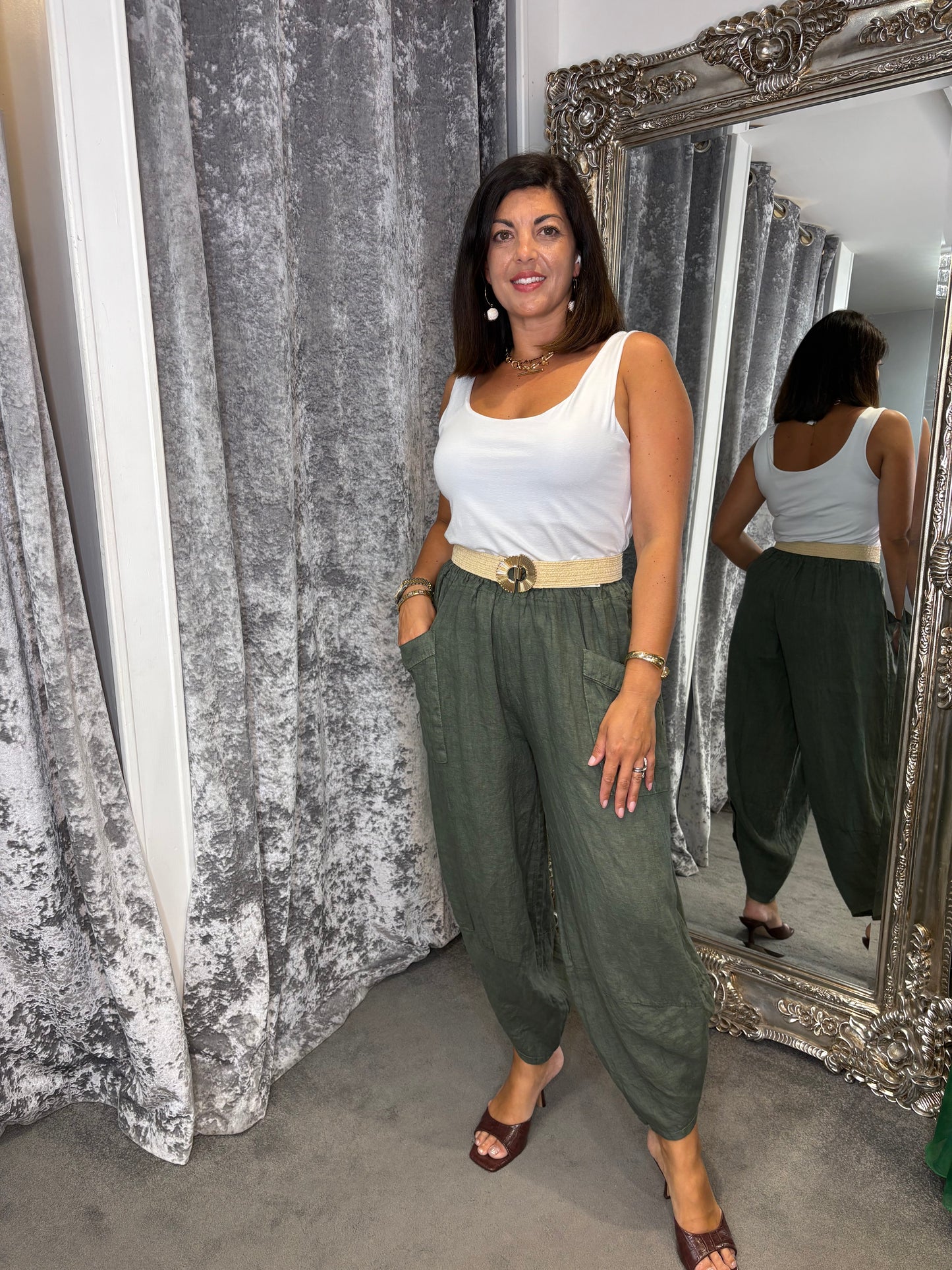 Studio Linen Barrel Leg Trouser - Khaki
