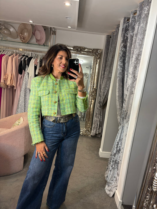 Cropped Tailored Tweed Jacket - Green