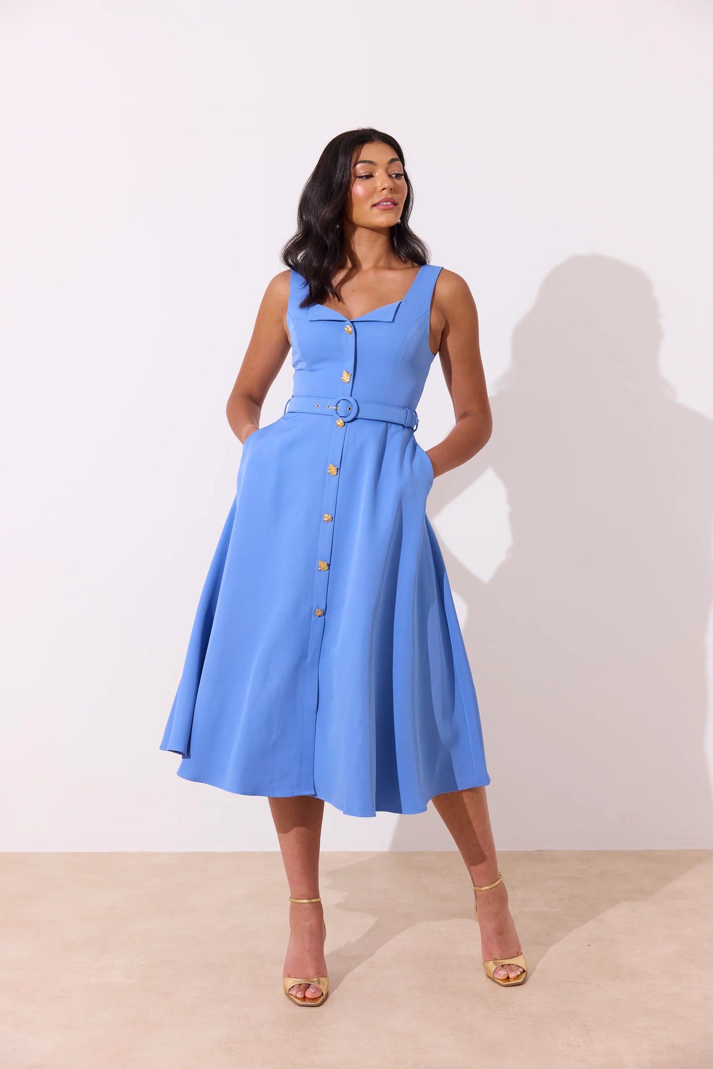 The 8th Sign Saffira Dress Belted Midi - Cornflower