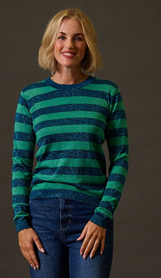 Sugarhill Brighton Alexa Scallop Jumper - Teal Sparkle Stripe