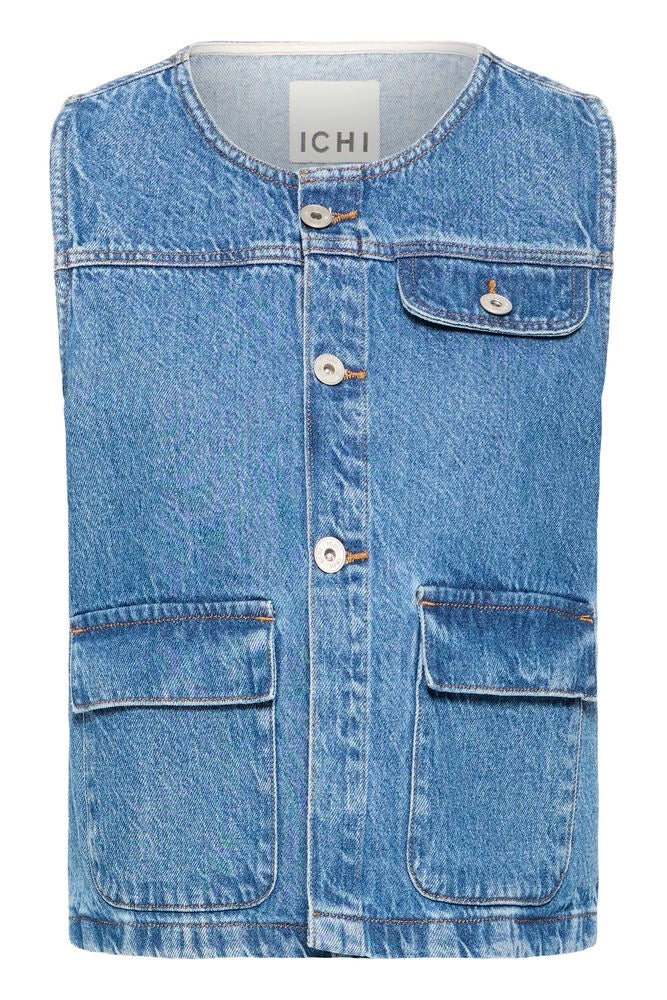ICHI Pamela Denim Waist Coat - Mid Wash