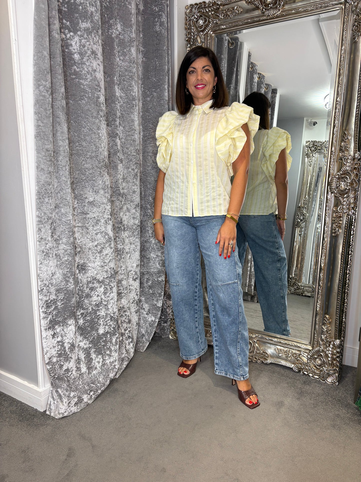 CFK Stripe Puff Sleeve Blouse