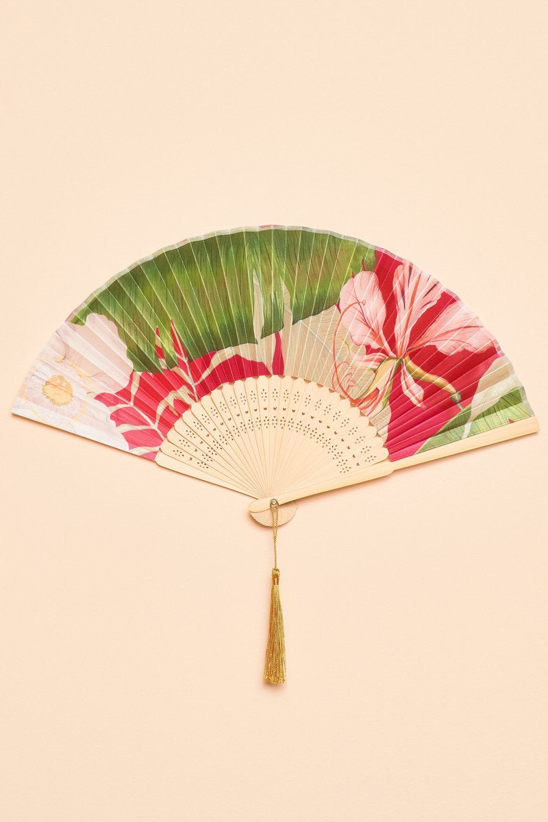 Powder Satin Fan Delicate Tropical in Dark Rose