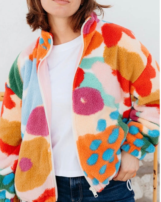 Sugarhill Brighton Hartley Zip Up Fleece - Off White/Multi, Abstract Floral