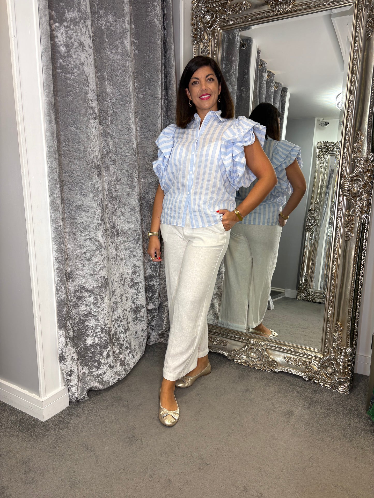CFK Stripe Puff Sleeve Blouse - Blue