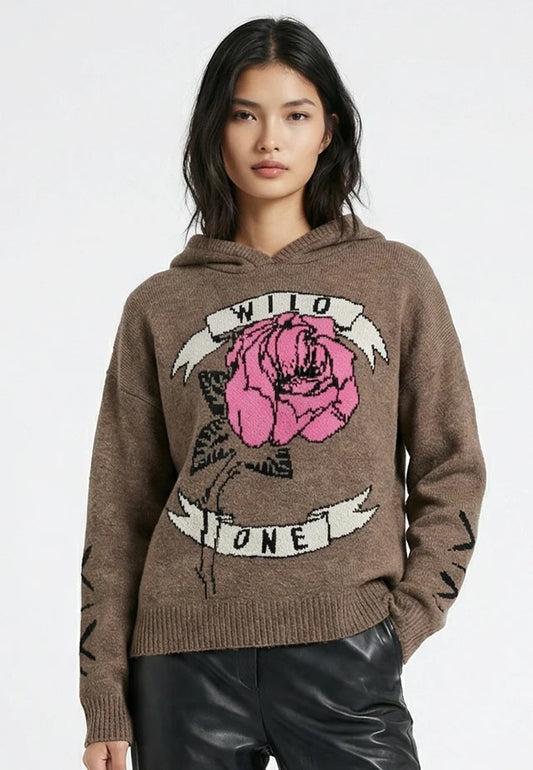 Religion Knitted Rose Jacquard Hoodie - Beige
