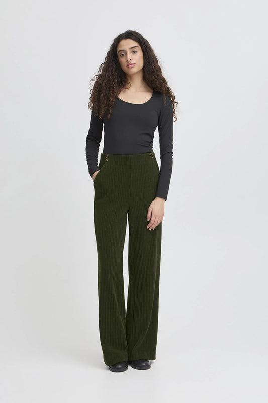 ICHI Kate Corduroy Trousers - Riffle Green