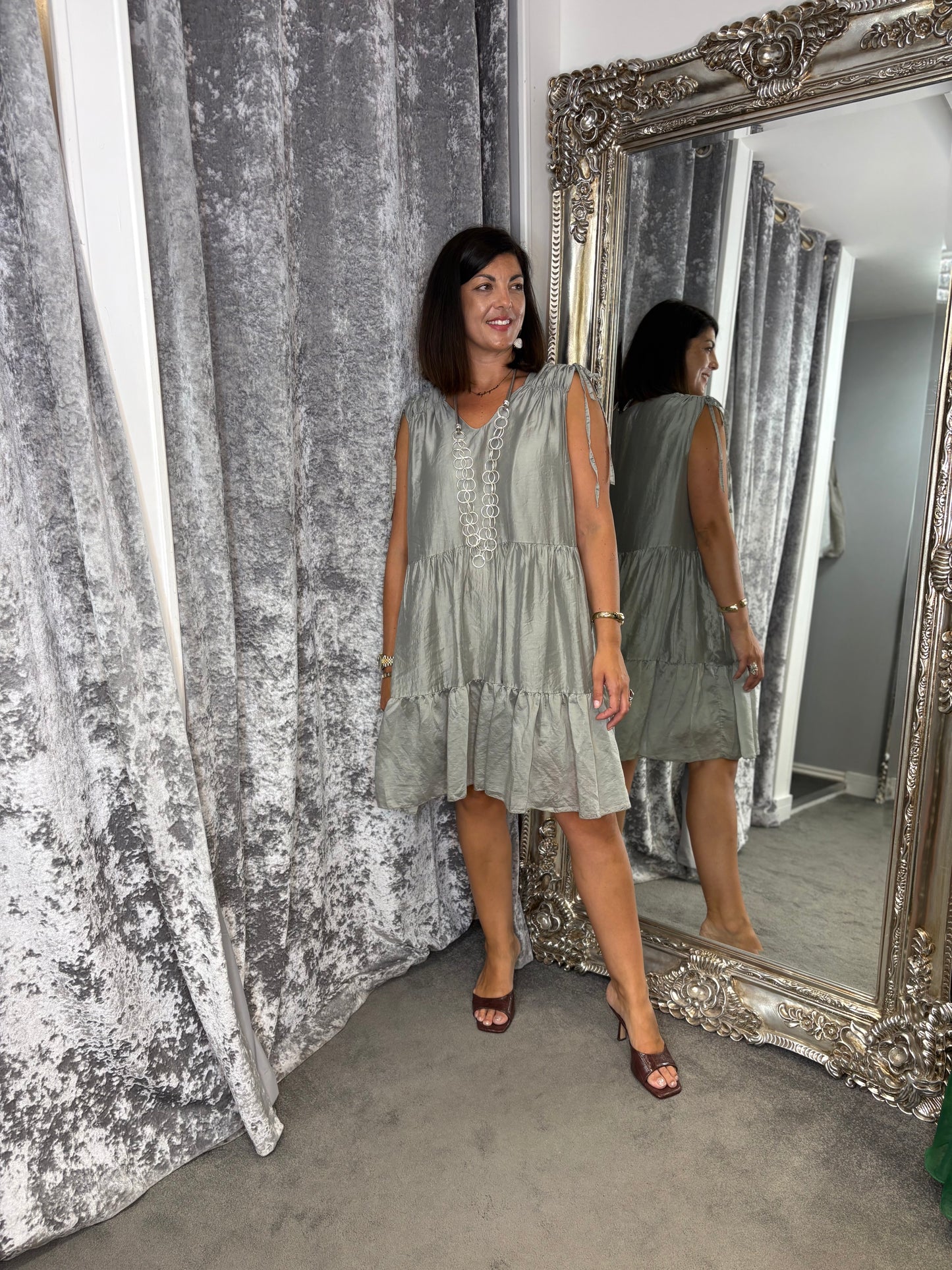 Studio Tiered Satin Dress - Soft Grey