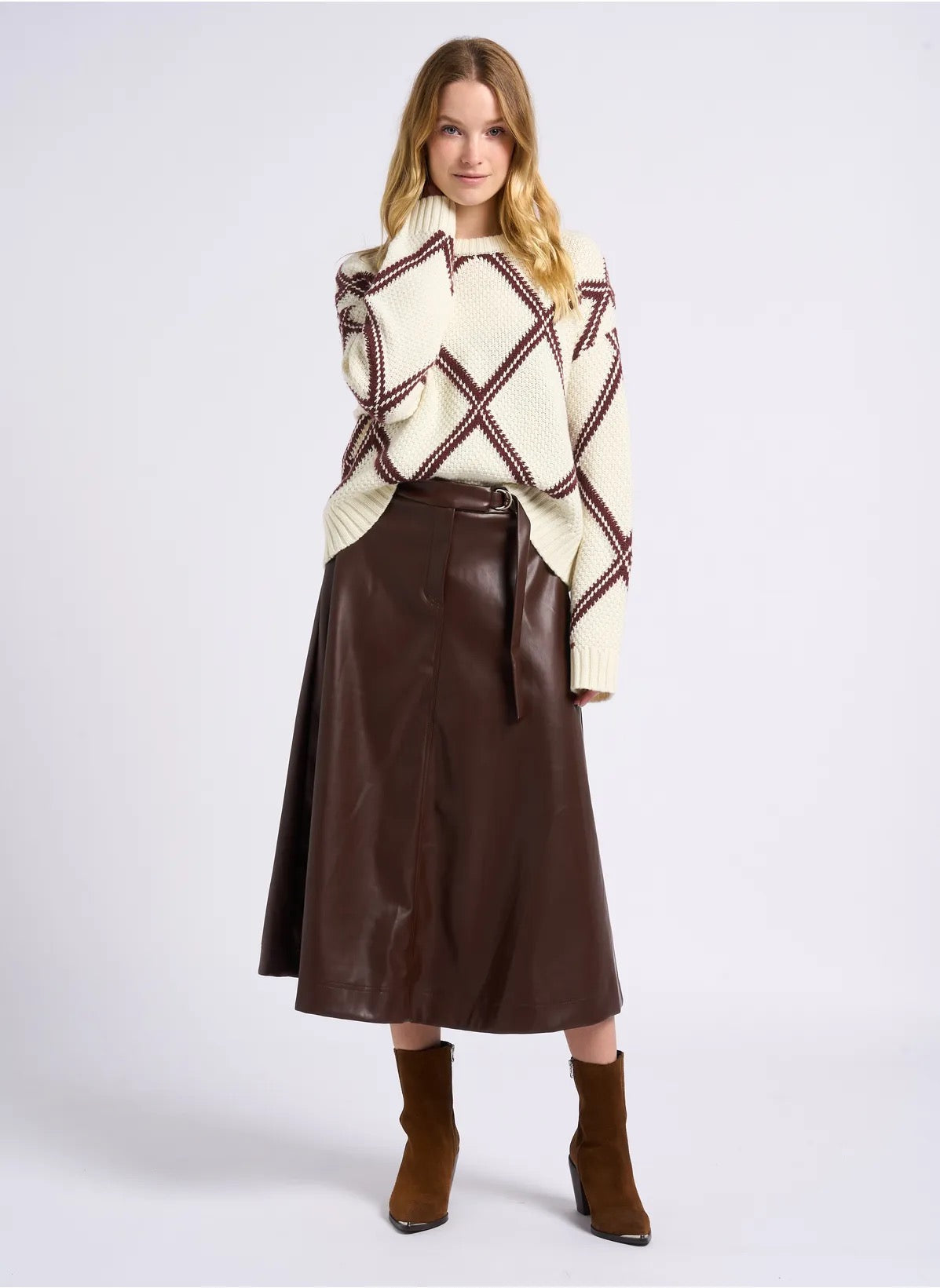 Suncoo Paris Floyd Faux Leather Midi Skirt Brown