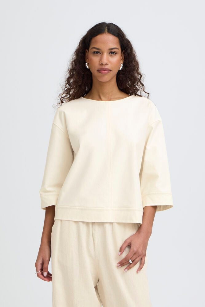 ICHI Kate Demin 3/4 Sleeve Top - Birch White