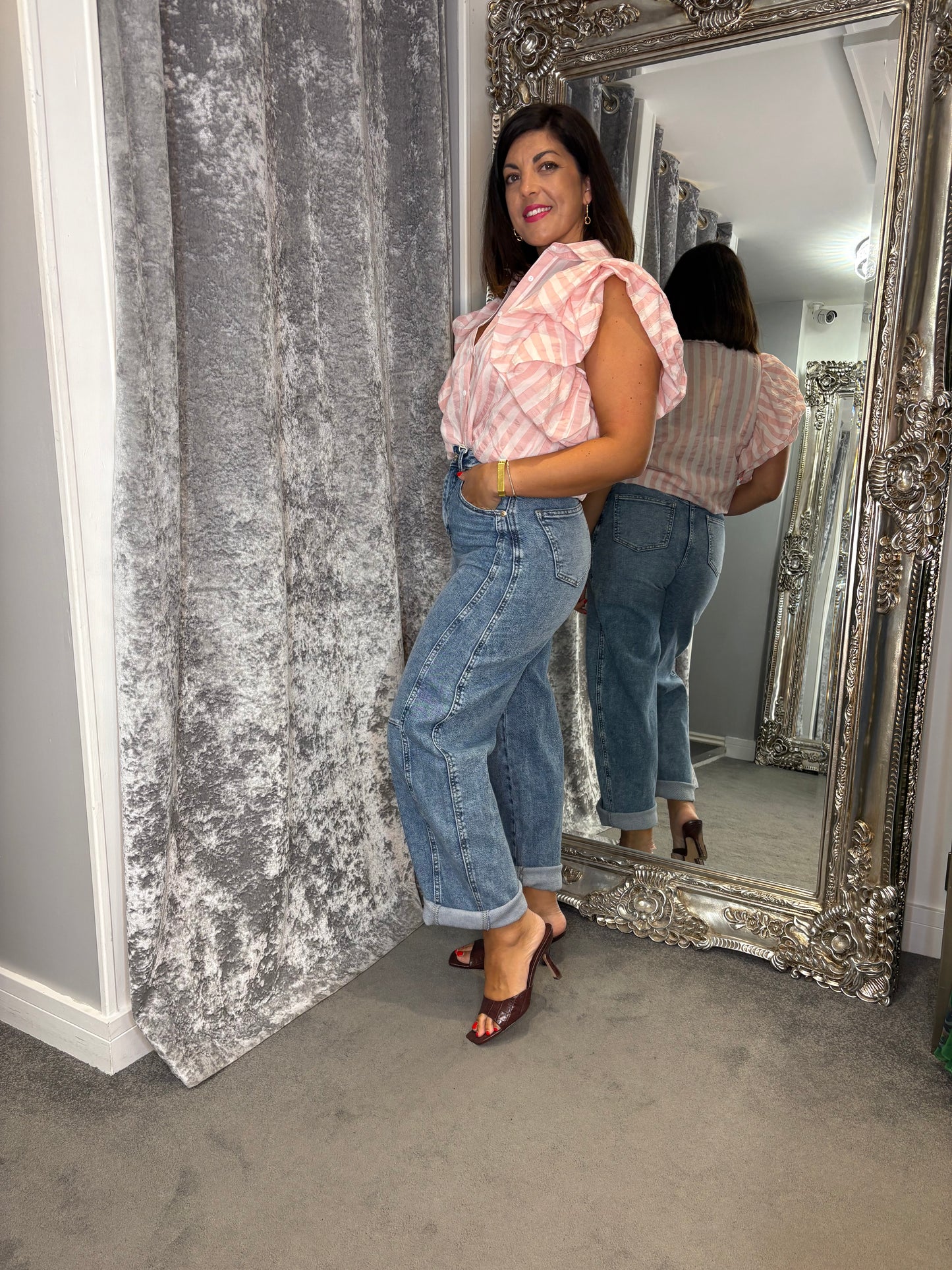 CFK Stripe Puff Sleeve Blouse - Pink