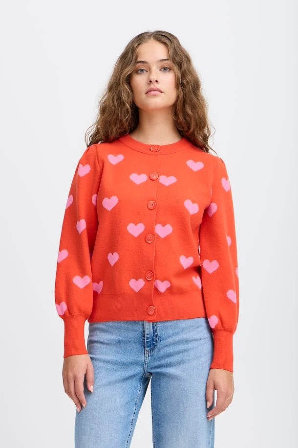 ICHI Brielle Cardigan Orange Pink Hearts