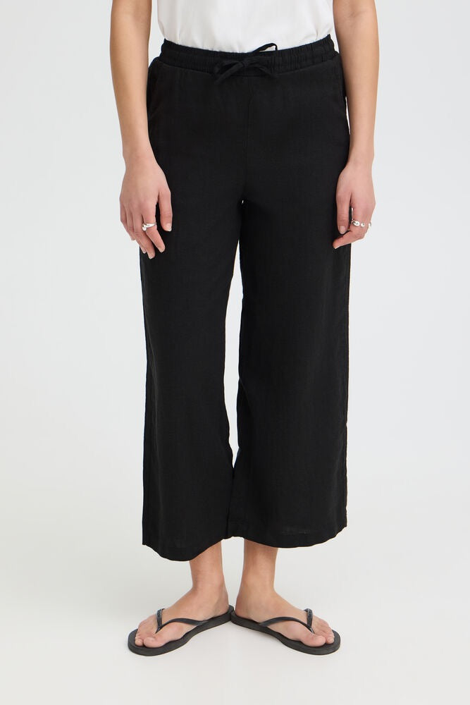 ICHI Linno Crop Linen Trouser - Black