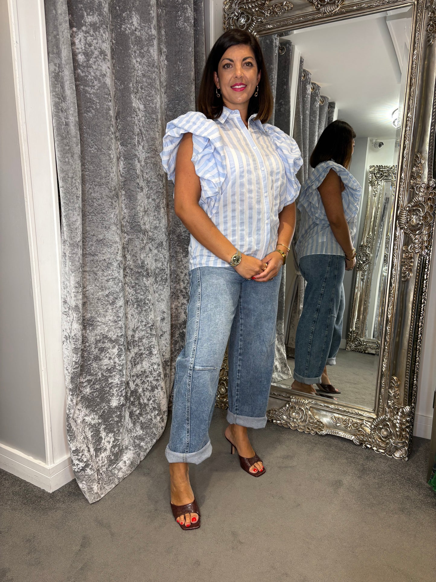 CFK Stripe Puff Sleeve Blouse - Blue