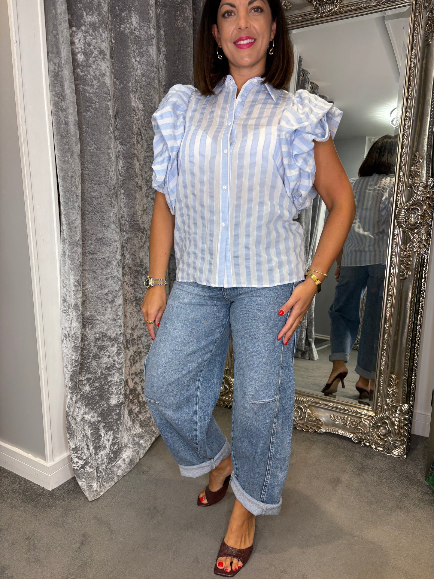 CFK Stripe Puff Sleeve Blouse - Blue