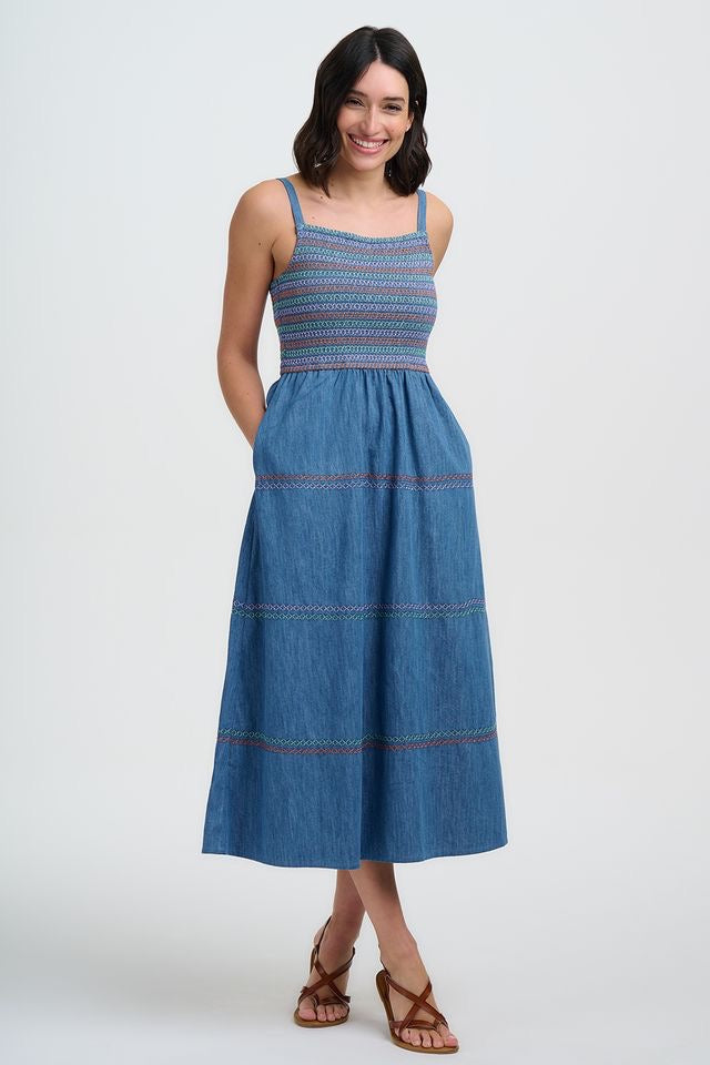 Sugarhill Brighton Murren Shirred Midi Dress - Blue Denim